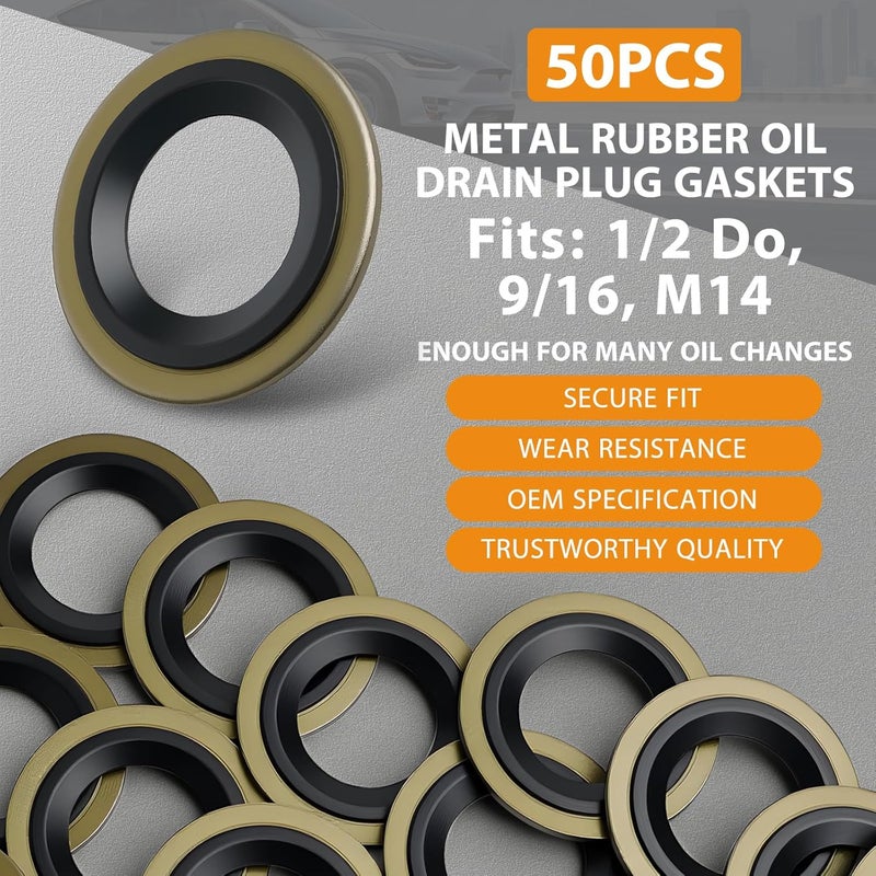 DEEFILL 50PCS Metal/Rubber Drain Plug Gasket, Fits 1/2Do, 9/16, M14 Replace 097-025, 65269, 097-828CD, E0FZ-6734-A, E3DZ-6734-A, E9DZ-6734-B, F3DZ-6734-A, F3TZ-6734-A, F77Z-6734-AB, ZZL0-10-403A (26x13.5mm) - Image 3